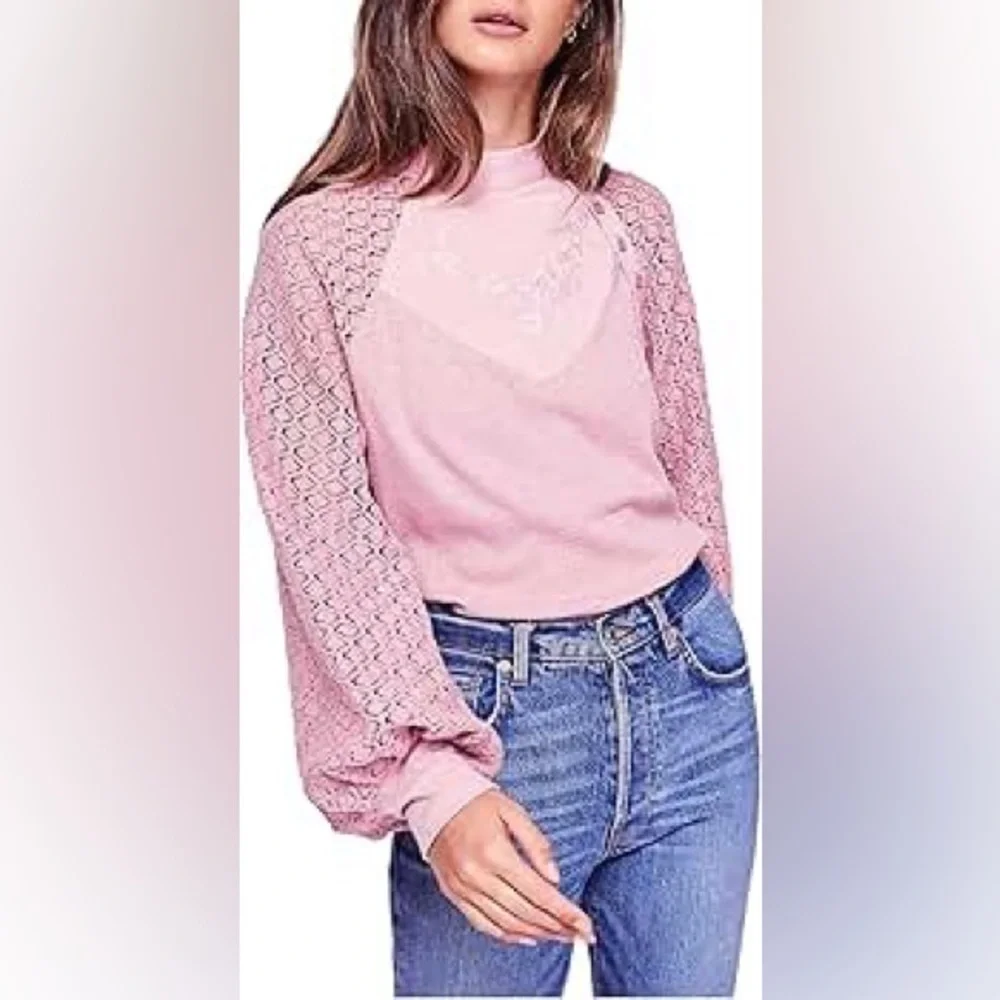 Free people sweetest thing thermal knit high neck long sleeve top size xs pink